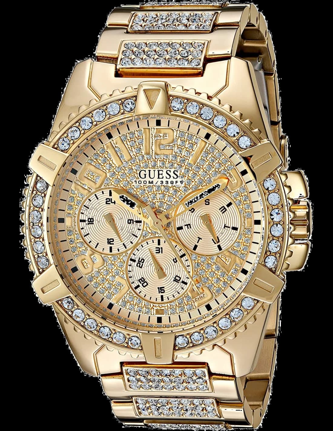 Montre Guess W0799G2 au cadran blanc nacré, acier doré et cristaux Swarovski sur la lunette, style élégant et raffiné