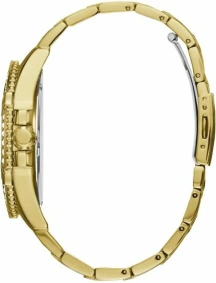 Cadran Guess W0799G2 avec index dorés, aiguilles fines et logo Guess à 12h, cristaux Swarovski sur la lunette