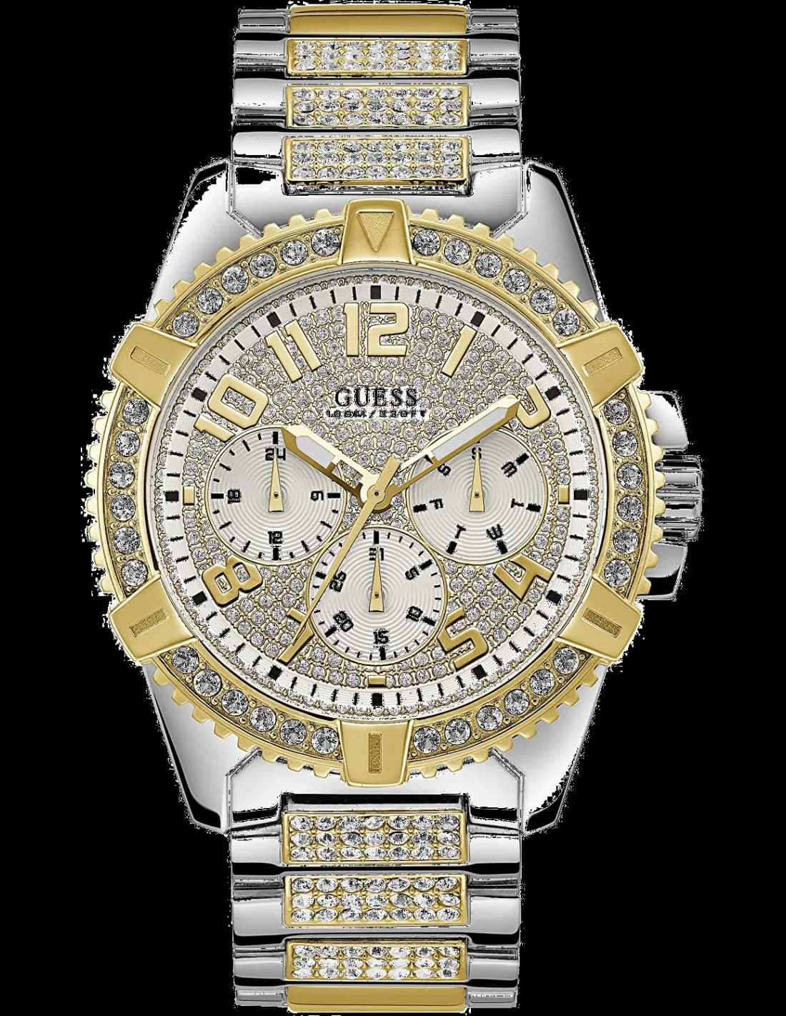 Montre Guess W0799G4 avec cadran argenté, index dorés et trotteur central, style chic et moderne