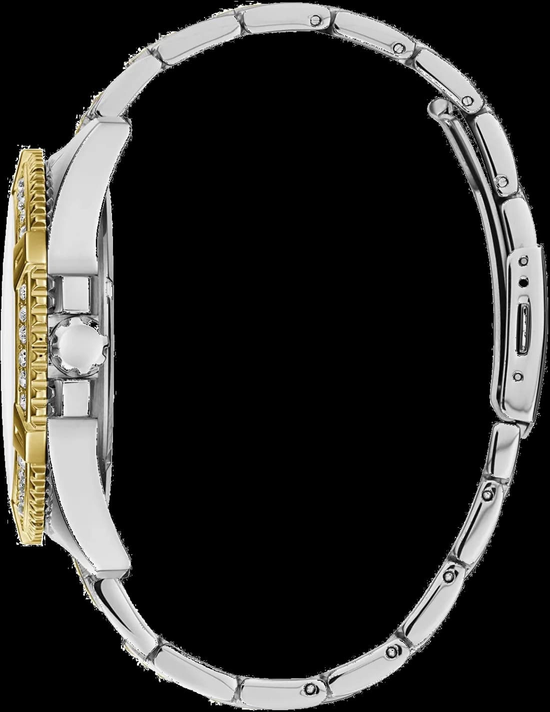 Cadran Guess W0799G4 au fond argent soleillé, index bâtons dorés, aiguilles dorées, date à 3h