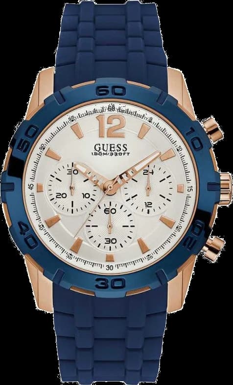 Montre Guess W0864G5 avec cadran bleu soleil et bracelet silicone assorti pour un style casual chic
