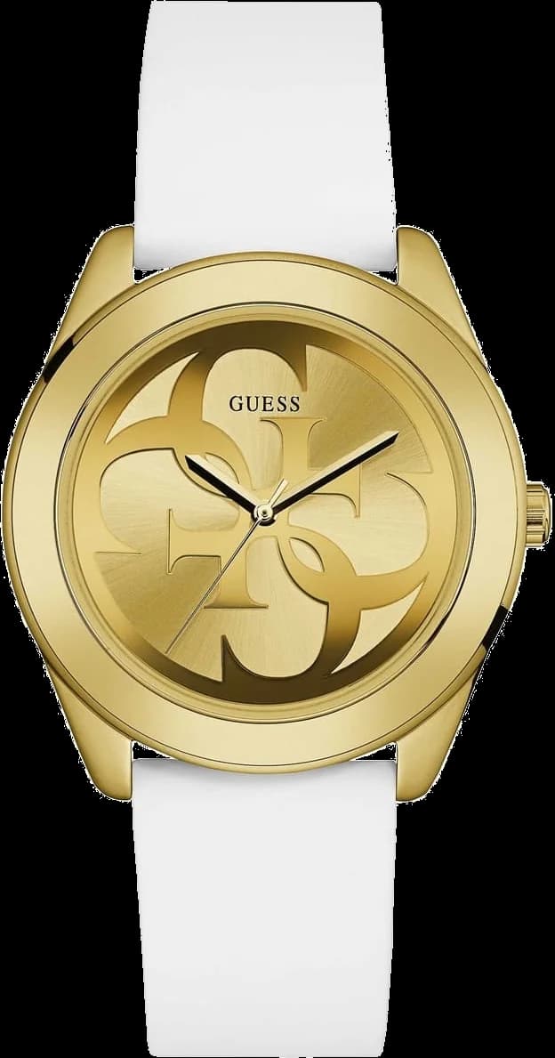 Montre Guess W0911L7 avec cadran doré soleil et boîtier argenté, bracelet silicone blanc pour un look chic et moderne
