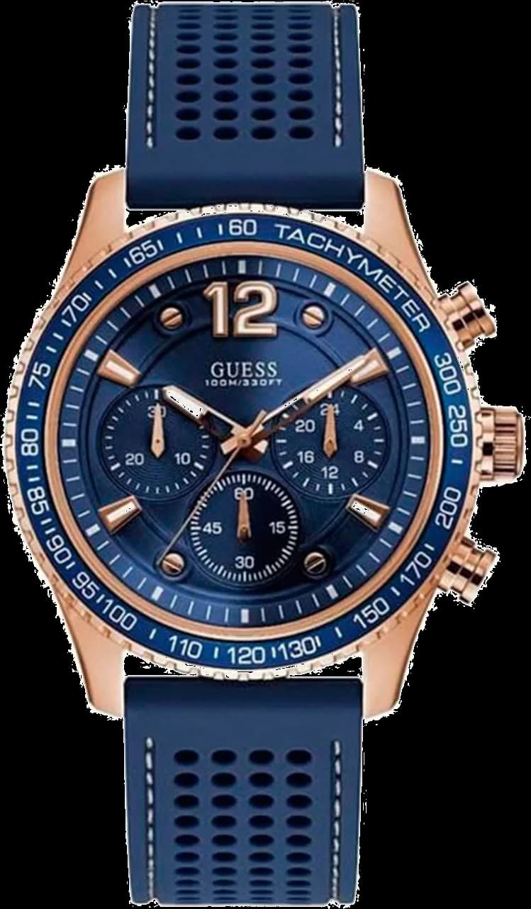 Montre Guess W0971G3 au cadran bleu soleil, style sport chic et aiguilles luminescentes