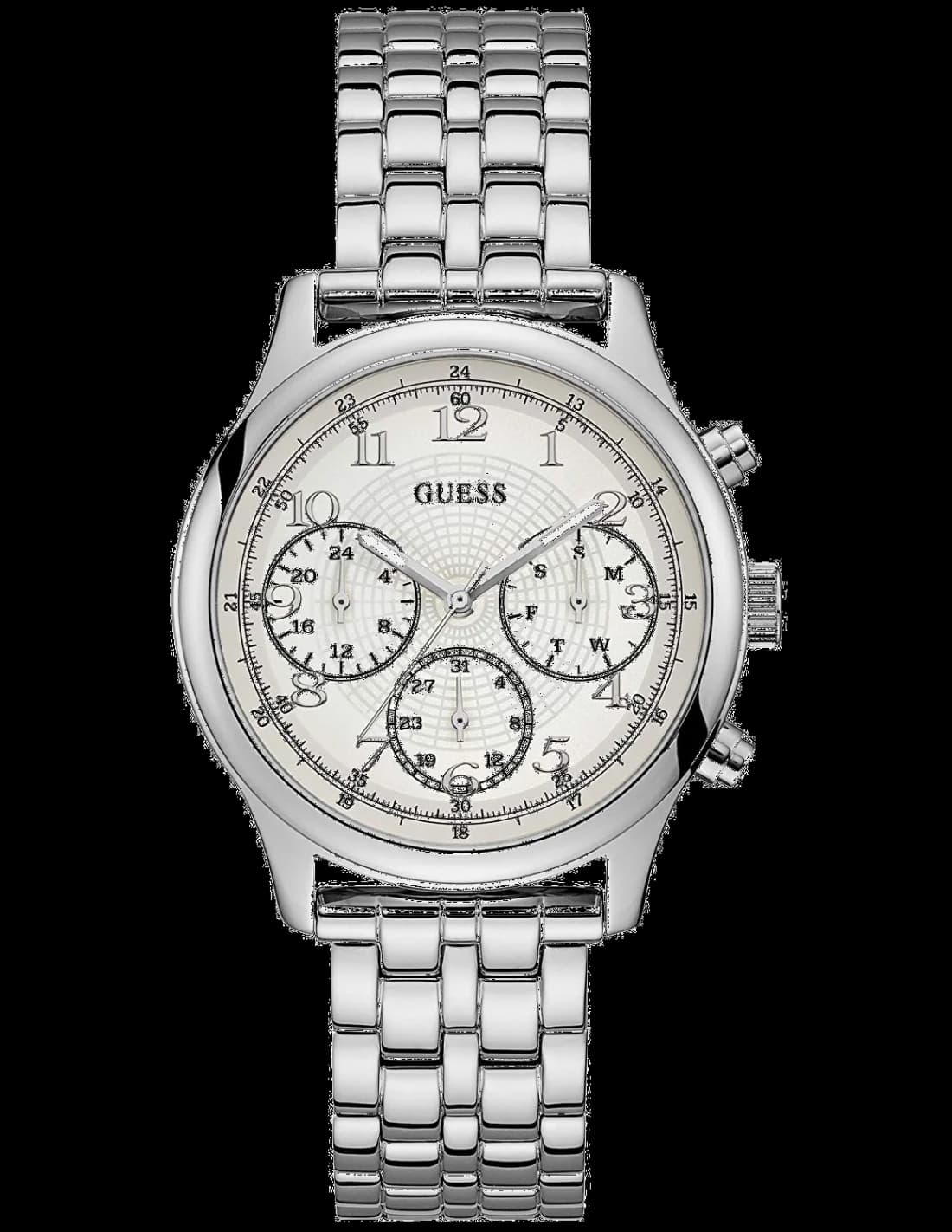 Montre Guess W1018L1 arborant un cadran argenté avec index dorés et un style chic et moderne