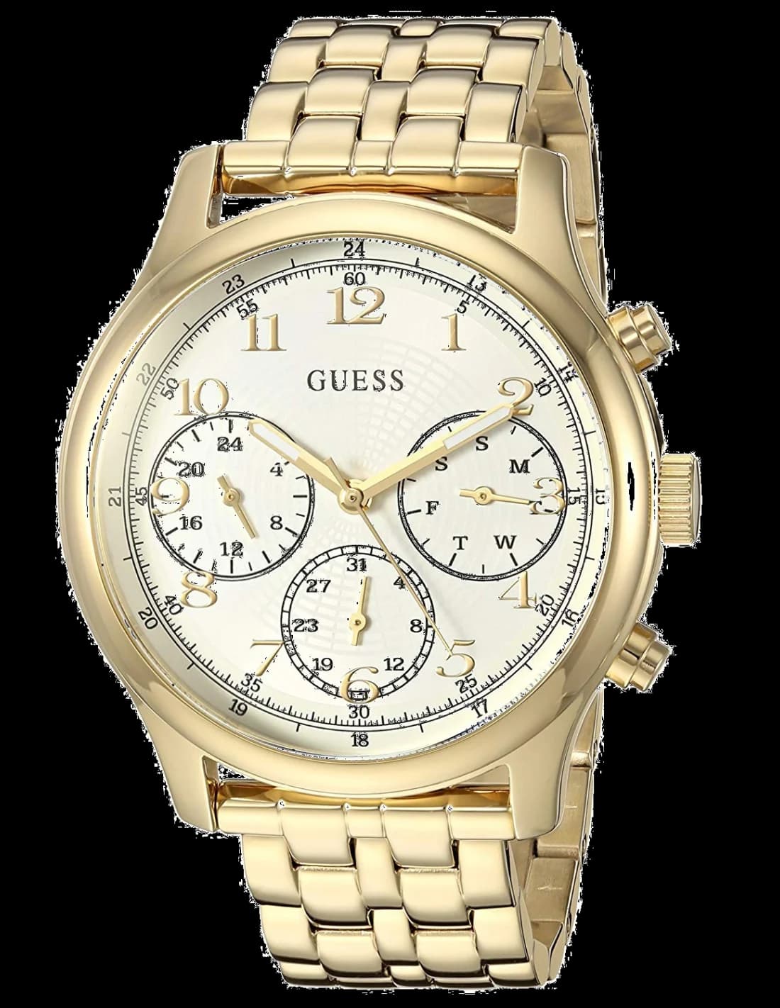Montre Guess W1018L2 au cadran blanc nacré et index dorés, style chic et lumineux