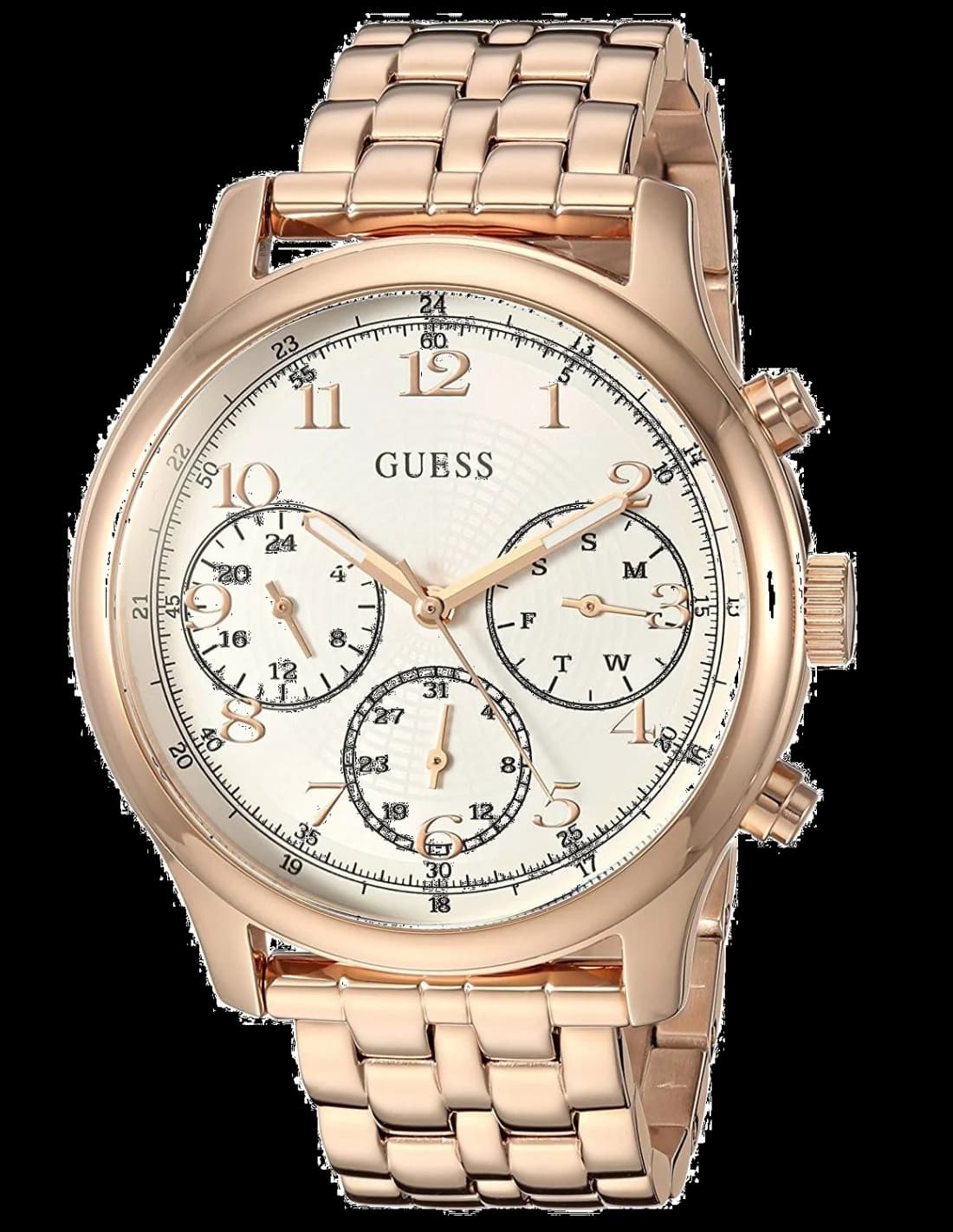 Montre Guess W1018L3 au cadran blanc nacré, lunette sertie de cristaux et aiguilles dorées