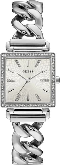 Montre Guess W1030L1 au cadran blanc nacré, aiguilles dorées et index cristaux, style chic et élégant