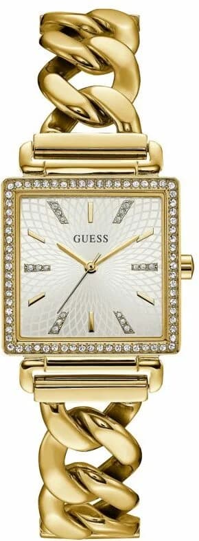 Montre Guess W1030L2 au boîtier carré en acier doré, cadran blanc orné de cristaux et index dorés, style chic et féminin