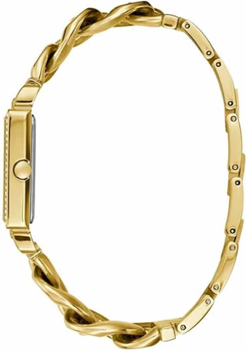 Cadran Guess W1030L2 blanc avec index bâtons dorés, aiguilles dorées, date à 3h, finition brillante et cristaux sur la lunette