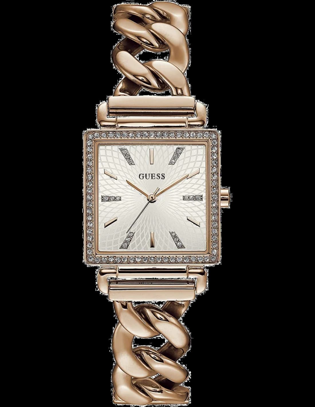 Montre Guess W1030L4 avec cadran carré orné de cristaux scintillants nacré et aiguilles dorées