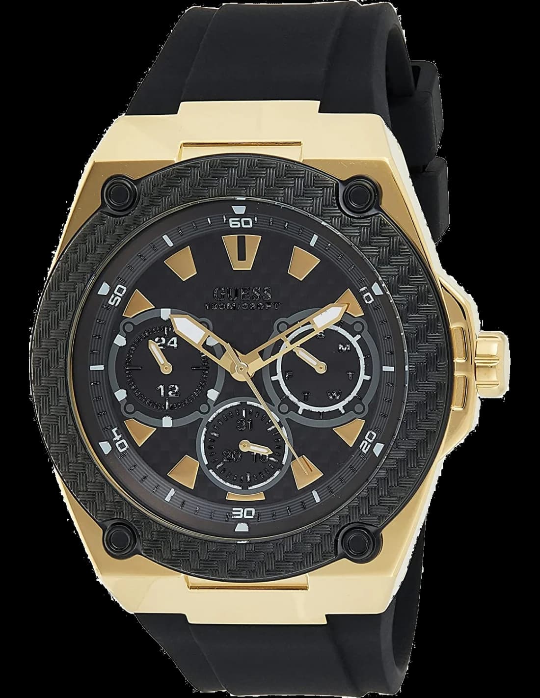 Montre Guess W1049G5 avec cadran noir soleil, index appliques et trotteur central rouge sur fond noir profond