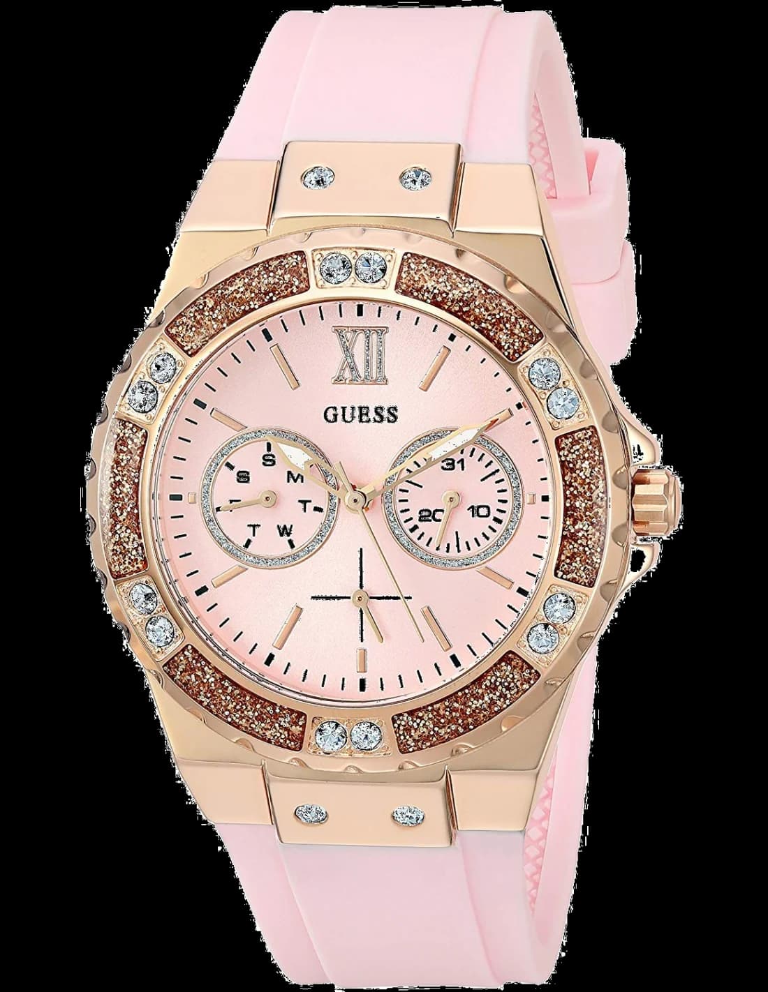 Montre Guess W1053L3 avec cadran rose soleil et aiguilles dorées