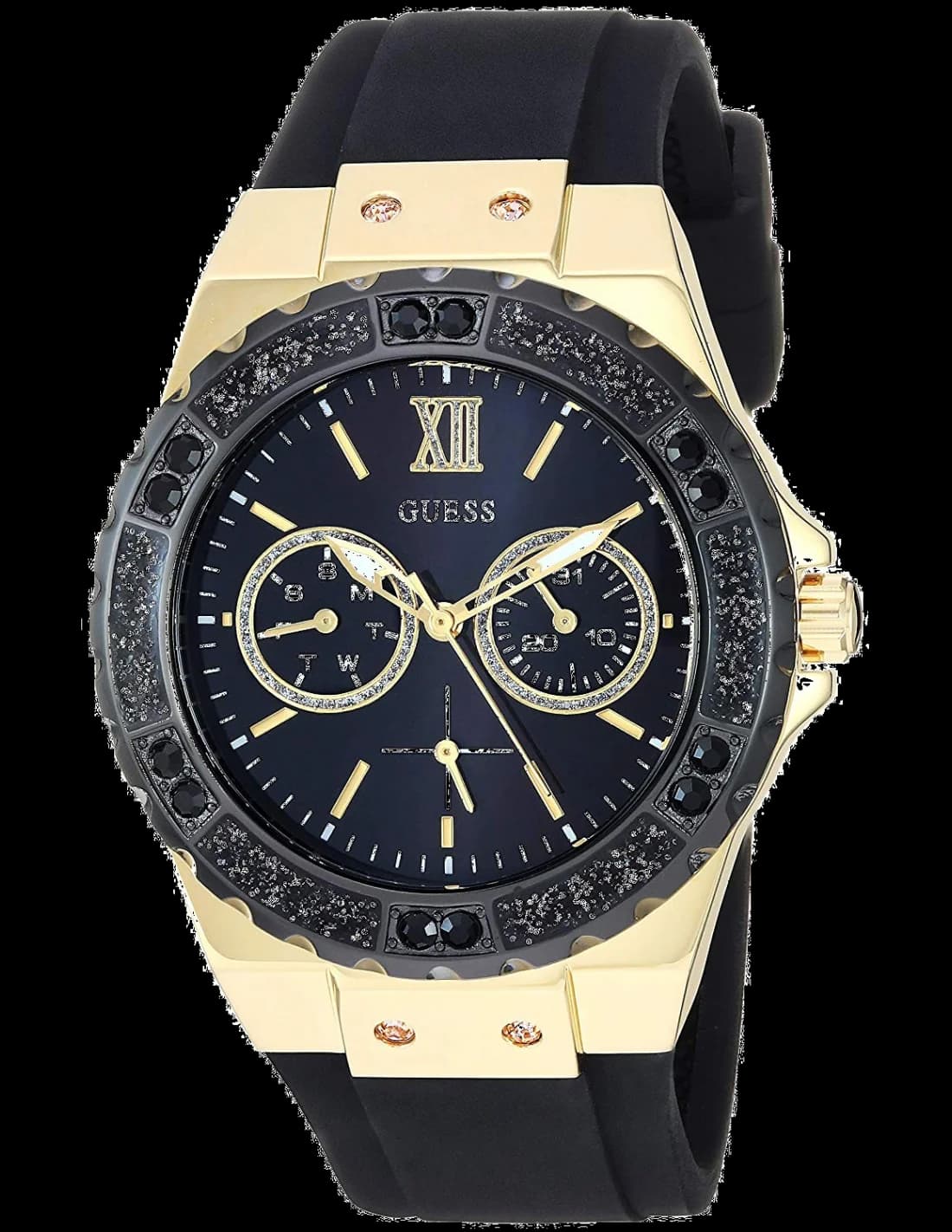 Montre Guess W1053L7 au cadran noir scintillant de cristaux et boîtier acier doré, style glamour