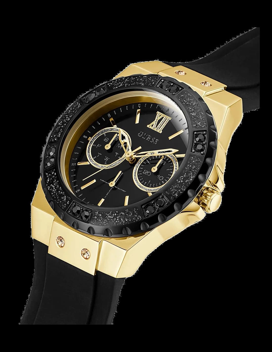 Cadran Guess W1053L7 orné de cristaux noirs, index dorés et aiguilles fines, complications date