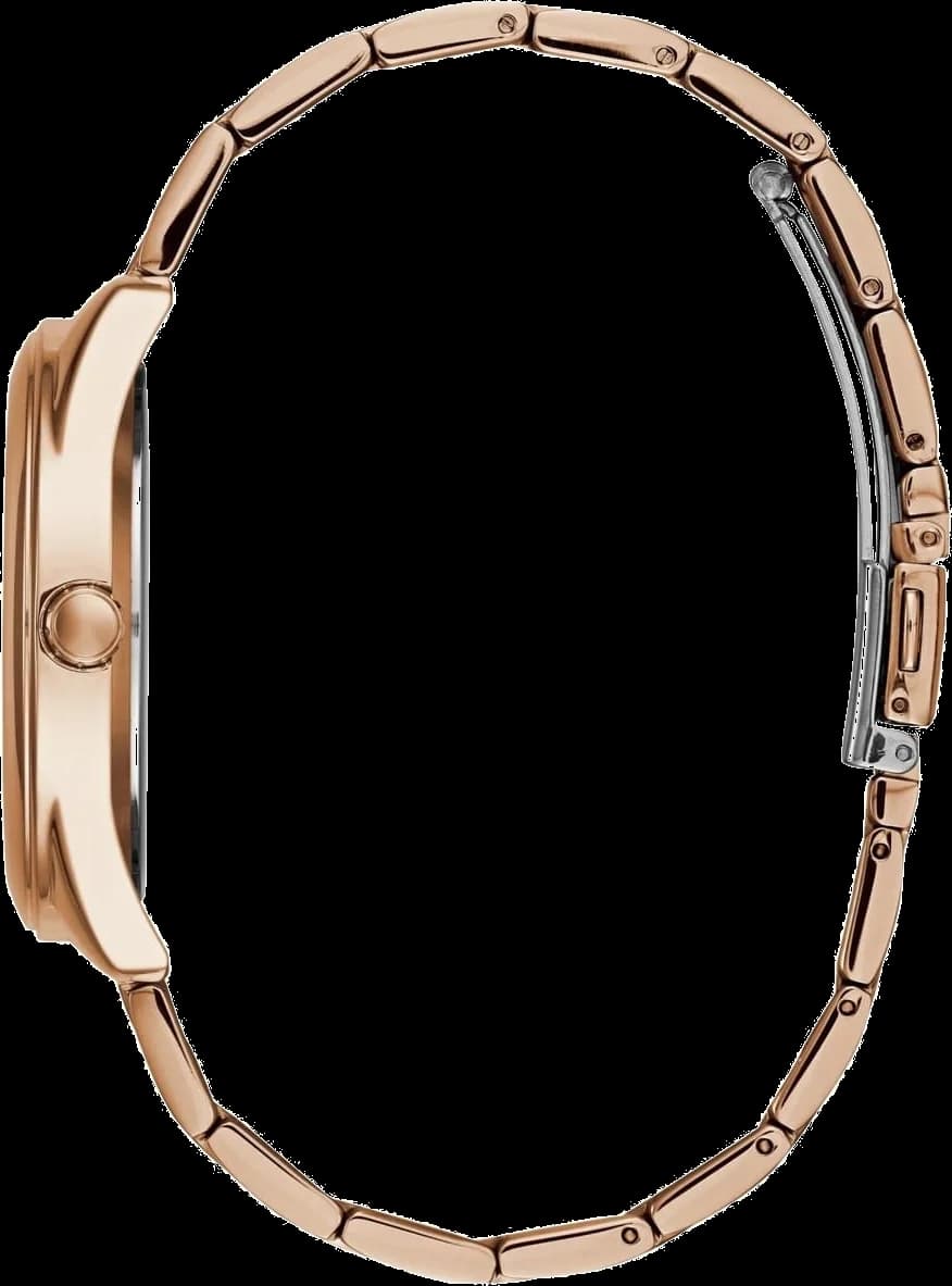 Cadran Guess W1082L3 affichant index romains, aiguilles dorées et date à 3h