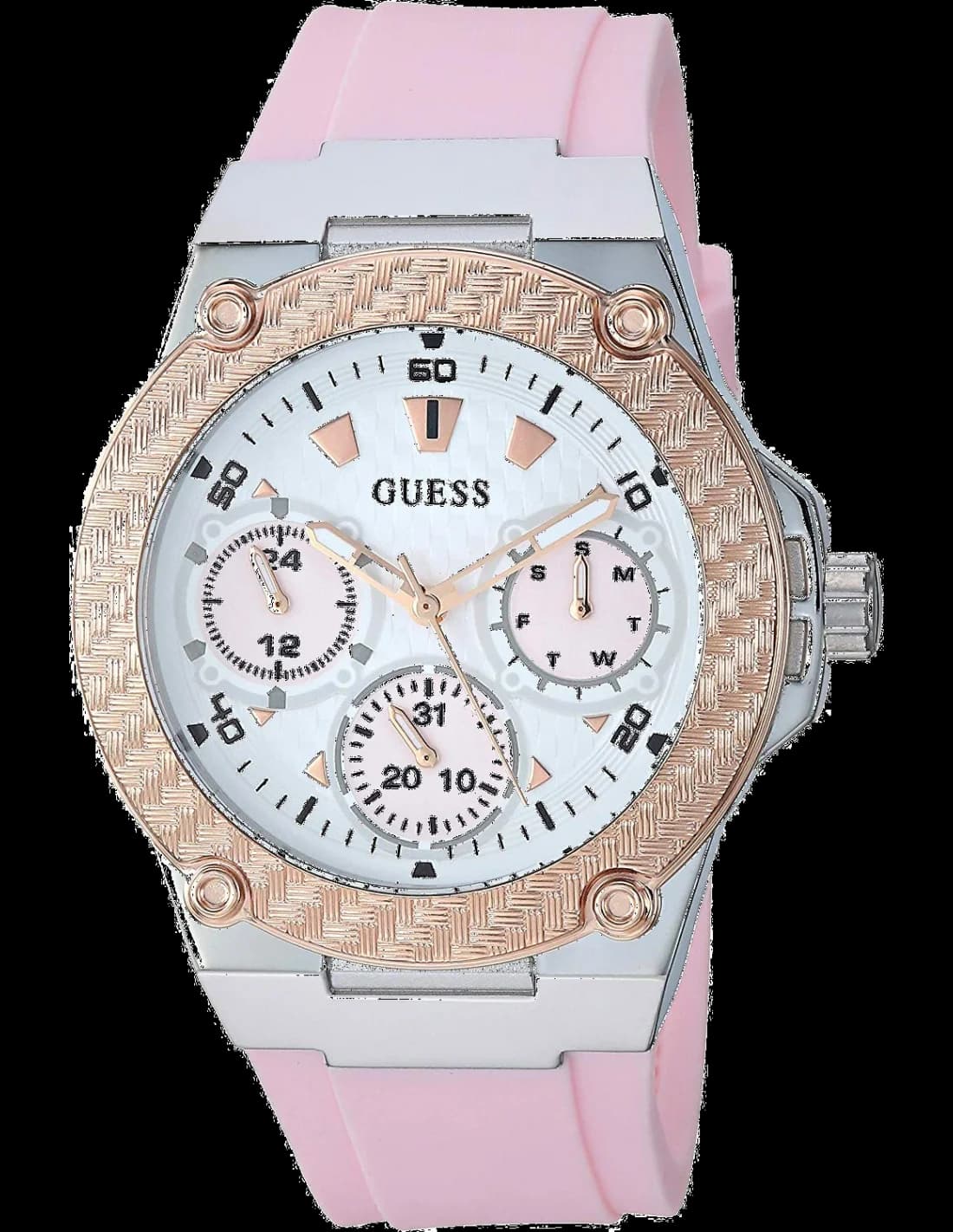 Cadran Guess W1094L4 avec index bâtons dorés et aiguilles fines, date à 4h30