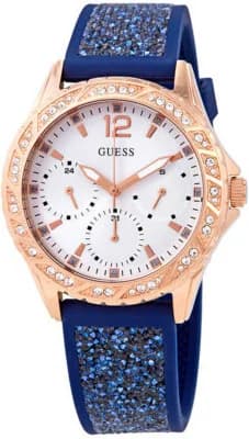 Montre Guess W1096L4 avec cadran bleu soleil et aiguilles dorées, style moderne et féminin