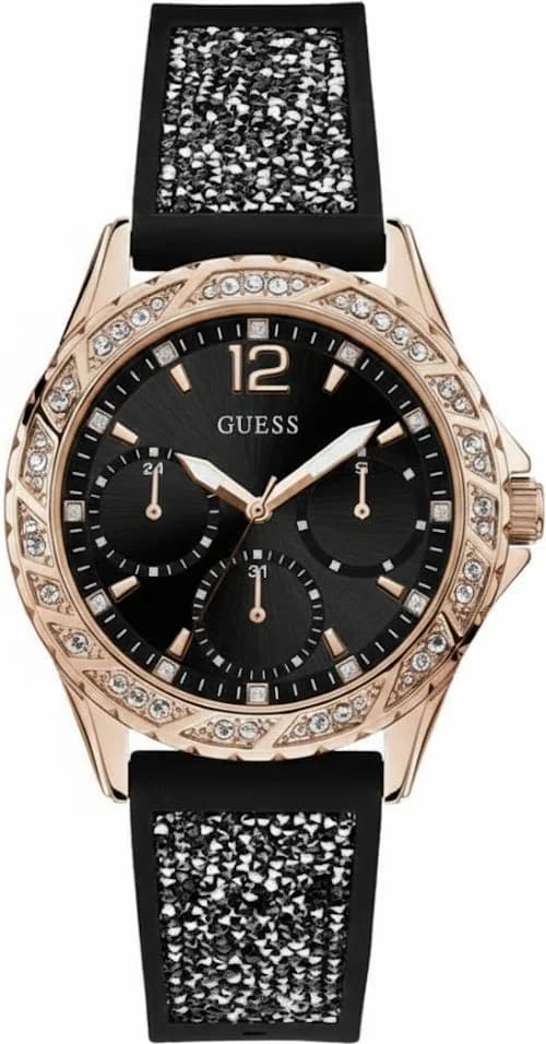 Montre Guess W1096L5 avec cadran noir orné de cristaux et index dorés, style glamour