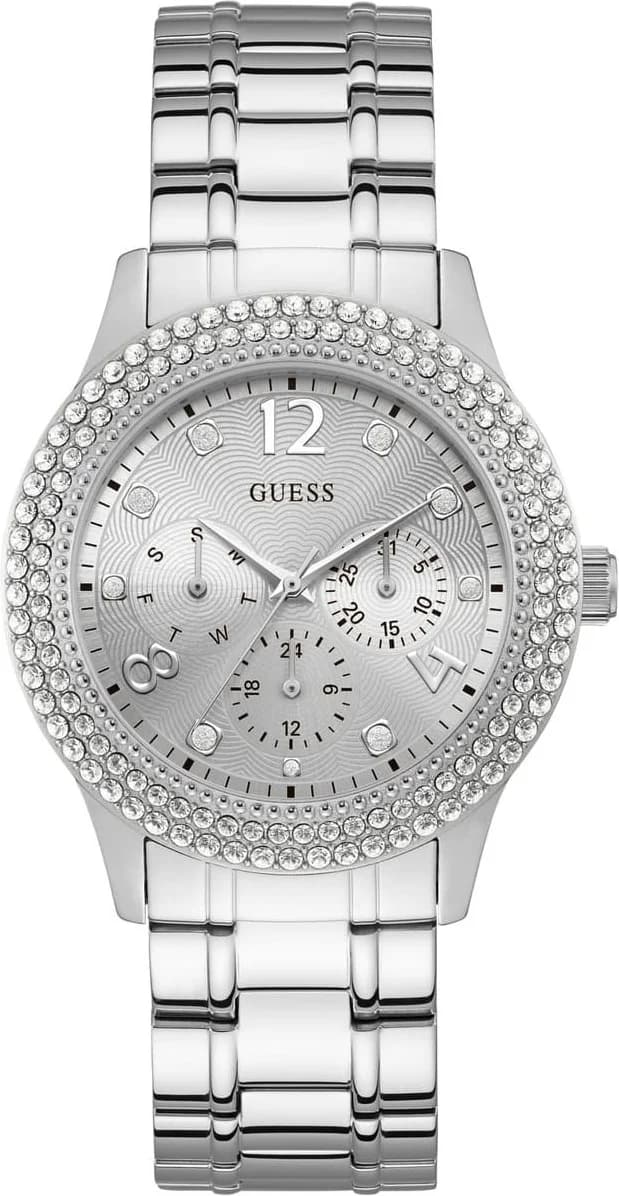 Montre Guess W1097L1 montre femme avec cadran blanc perlé et index dorés, style chic et scintillant