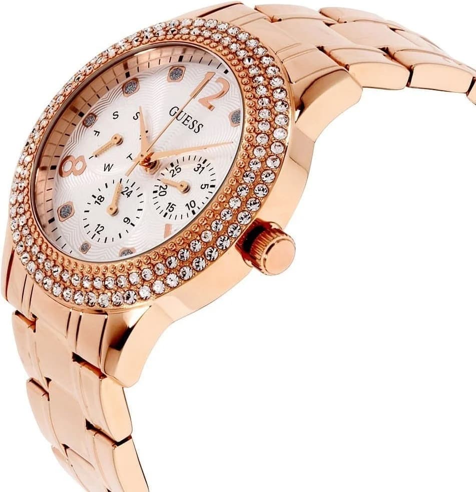 Cadran Guess W1097L3 blanc nacré avec index dorés et aiguilles, motif guilloché central discret