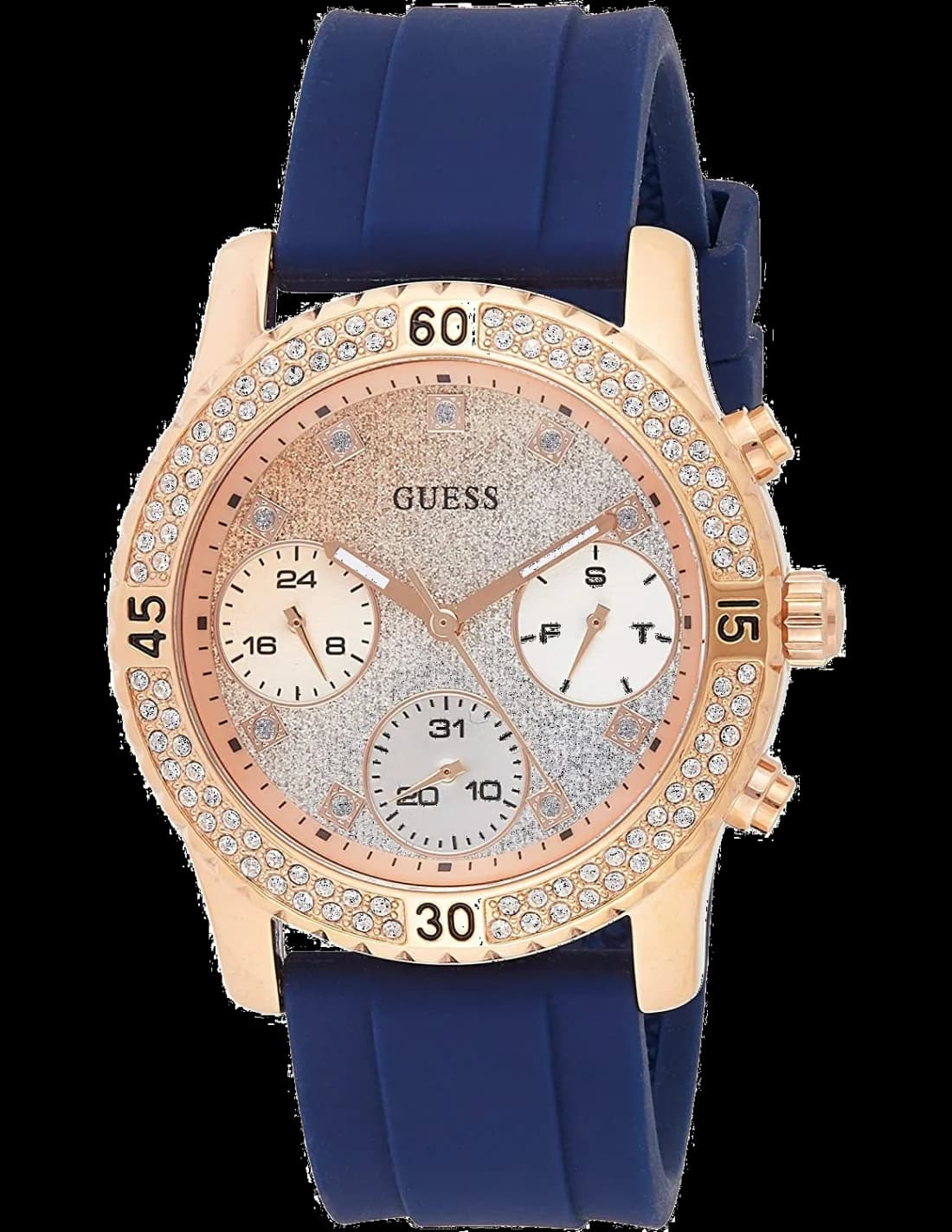 Montre Guess W1098L6 au cadran bleu avec détails or rose et bracelet silicone bleu, style moderne et féminin