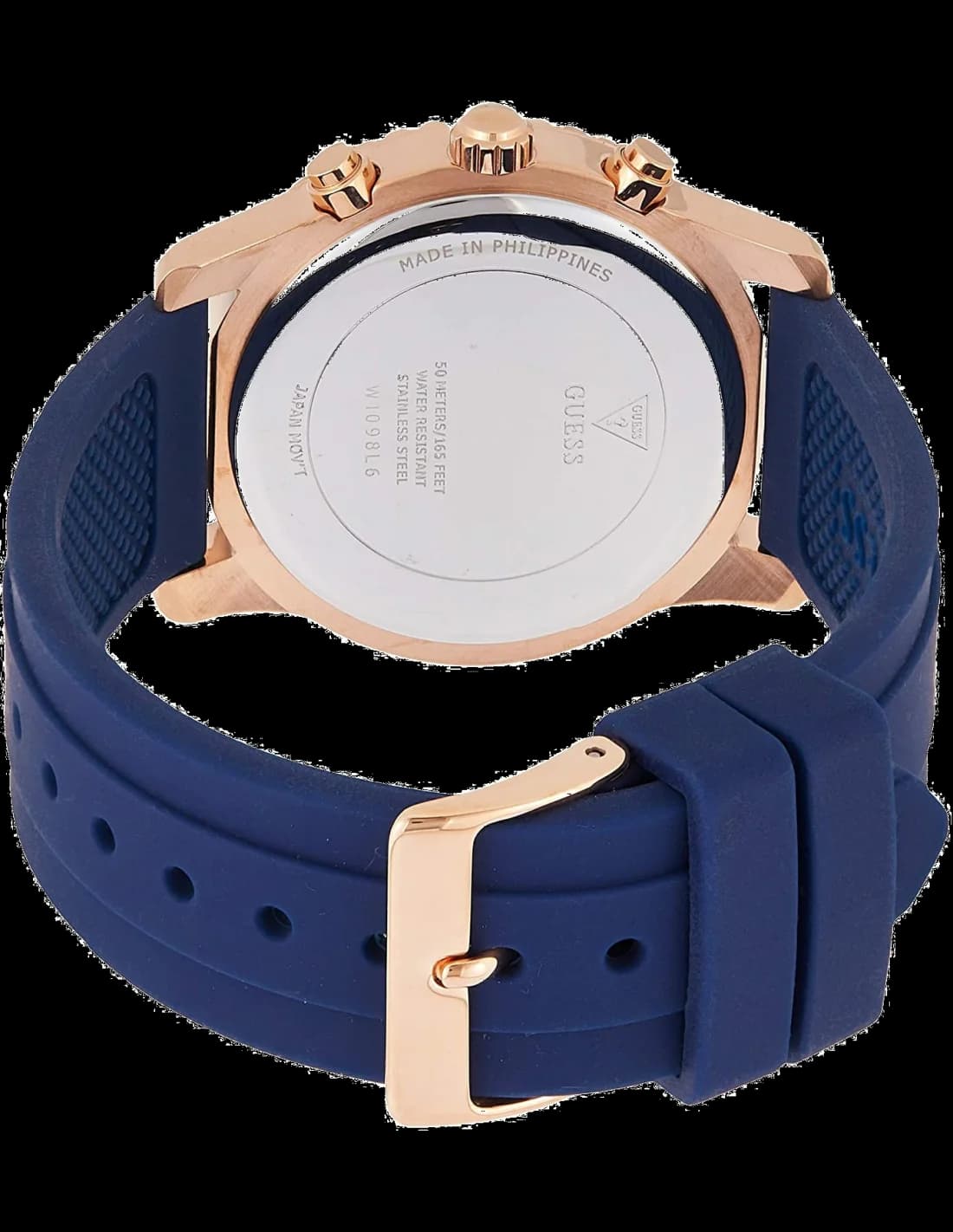 Cadran Guess W1098L6 avec index dorés, aiguilles or rose et signature Guess, fond bleu dégradé