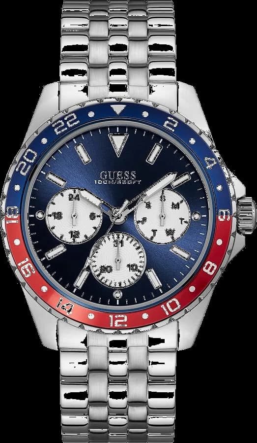 Montre Guess W1107G2 au cadran bleu et rouge avec index et aiguilles lumineuses, style sport chic