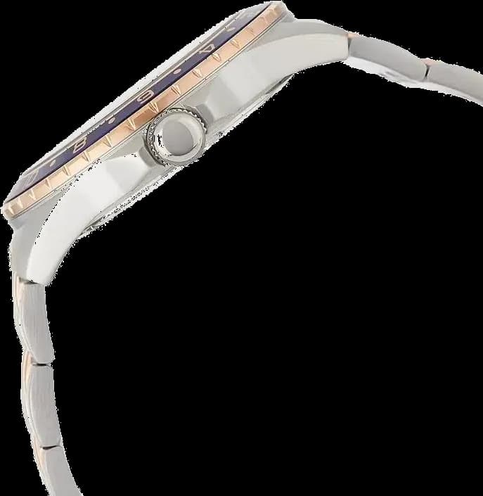 Cadran Guess W1107G3 avec index appliqués, aiguilles dorées, guichet date à 3h et finition soleillée bleue