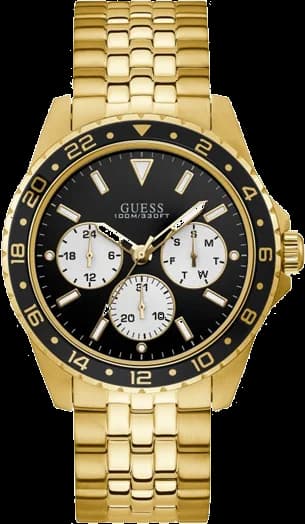 Montre Guess W1107G4 avec cadran noir multifonction et boîtier acier doré, style élégant et moderne