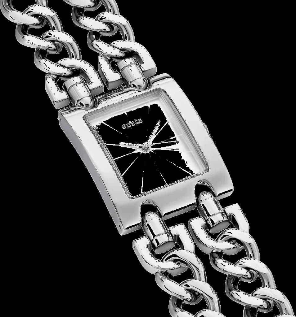 Cadran Guess W1117L1 affiche index romains, aiguilles dorées et date à 3h, design élégant et raffiné