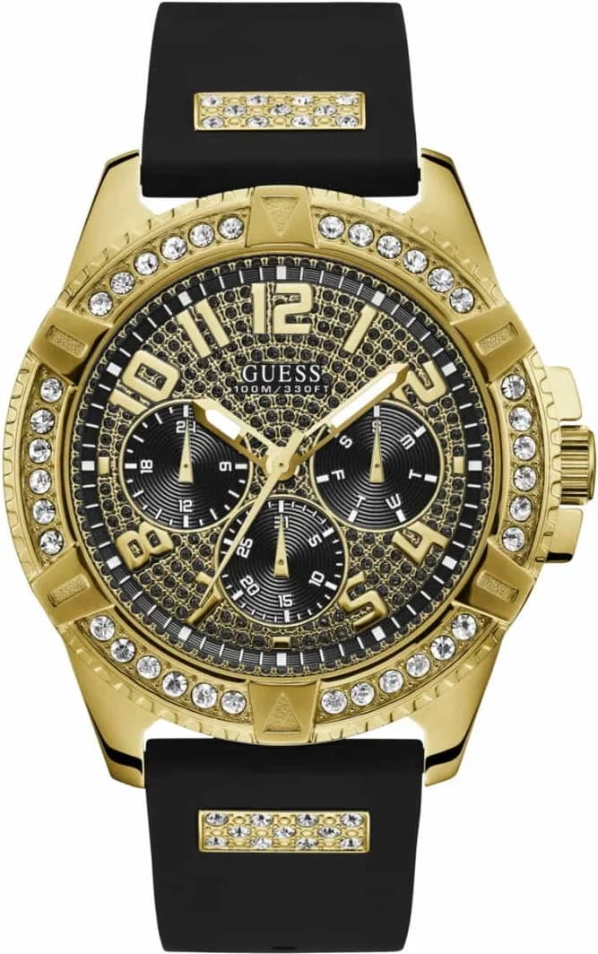 Montre Guess W1132G1 au boîtier doré orné de strass sur cadran noir avec index dorés et aiguilles dorées