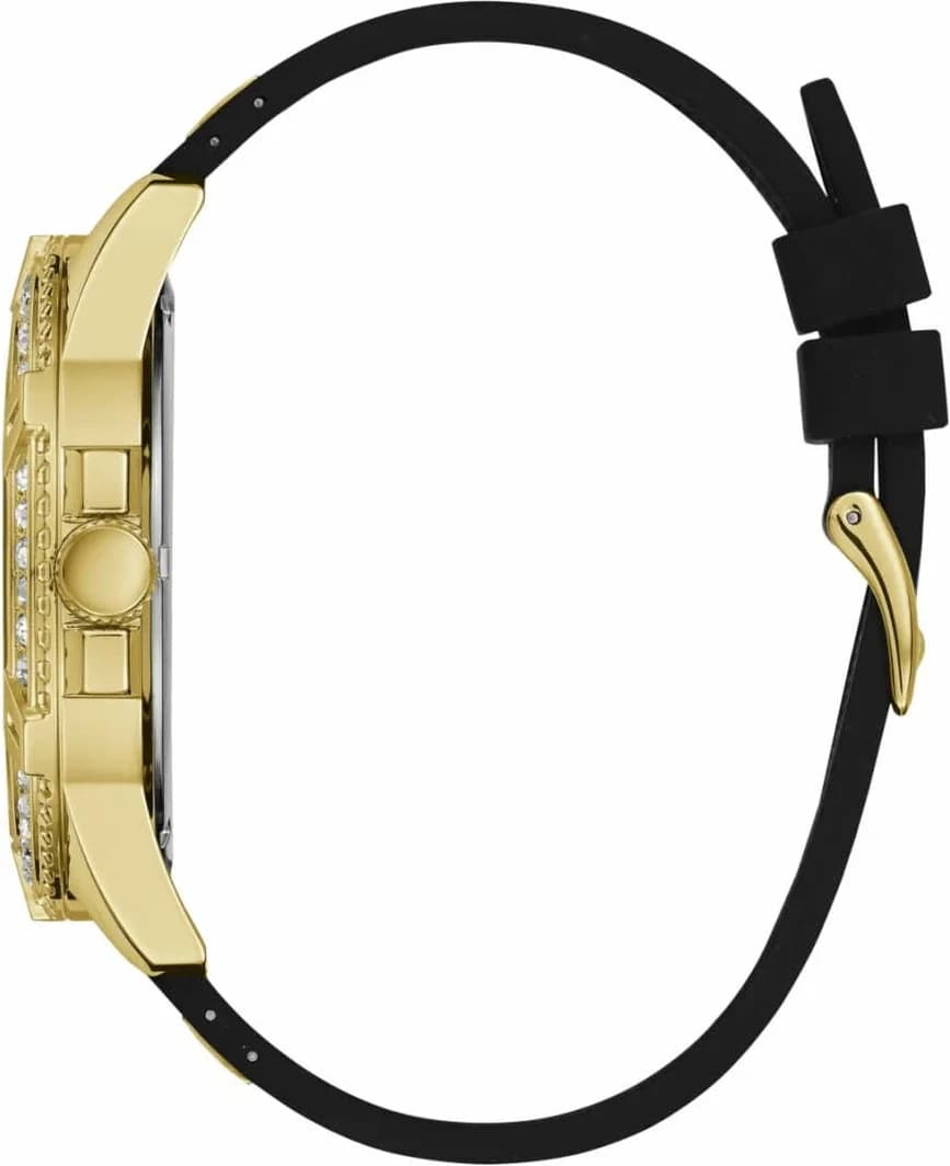 Cadran Guess W1132G1 au fond noir avec index appliqués dorés, aiguilles dorées et guichet date à 3h