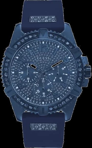 Montre Guess W1132G4 au cadran bleu soleil, boîtier argenté et bracelets silicone bleu, style sport chic