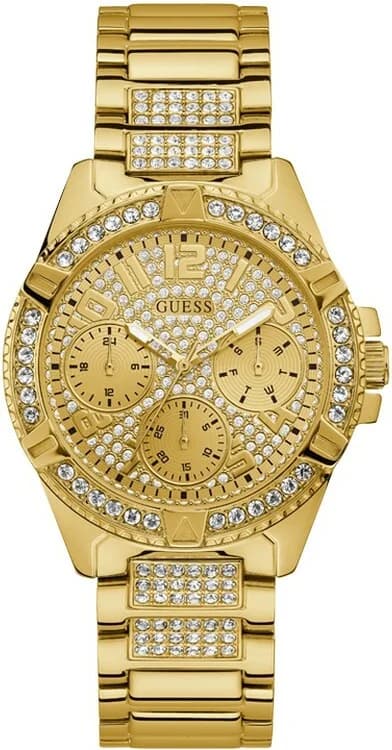 Montre Guess W1156L2 au cadran blanc nacré, index dorés et aiguilles bâton, style élégant et féminin