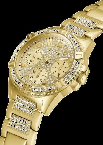 Cadran Guess W1156L2 avec cadran blanc orné de strass, index romains dorés et guichet date à 3h