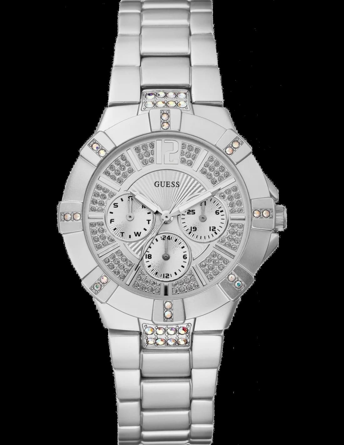 Montre Guess W11624L1 argentée au cadran blanc nacré, style chrono et lunette sertie de strass, élégance intemporelle