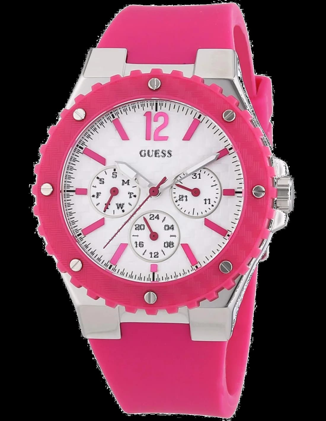 Montre Guess W90084L2 au cadran fuschia avec index dorés, style glamour et moderne