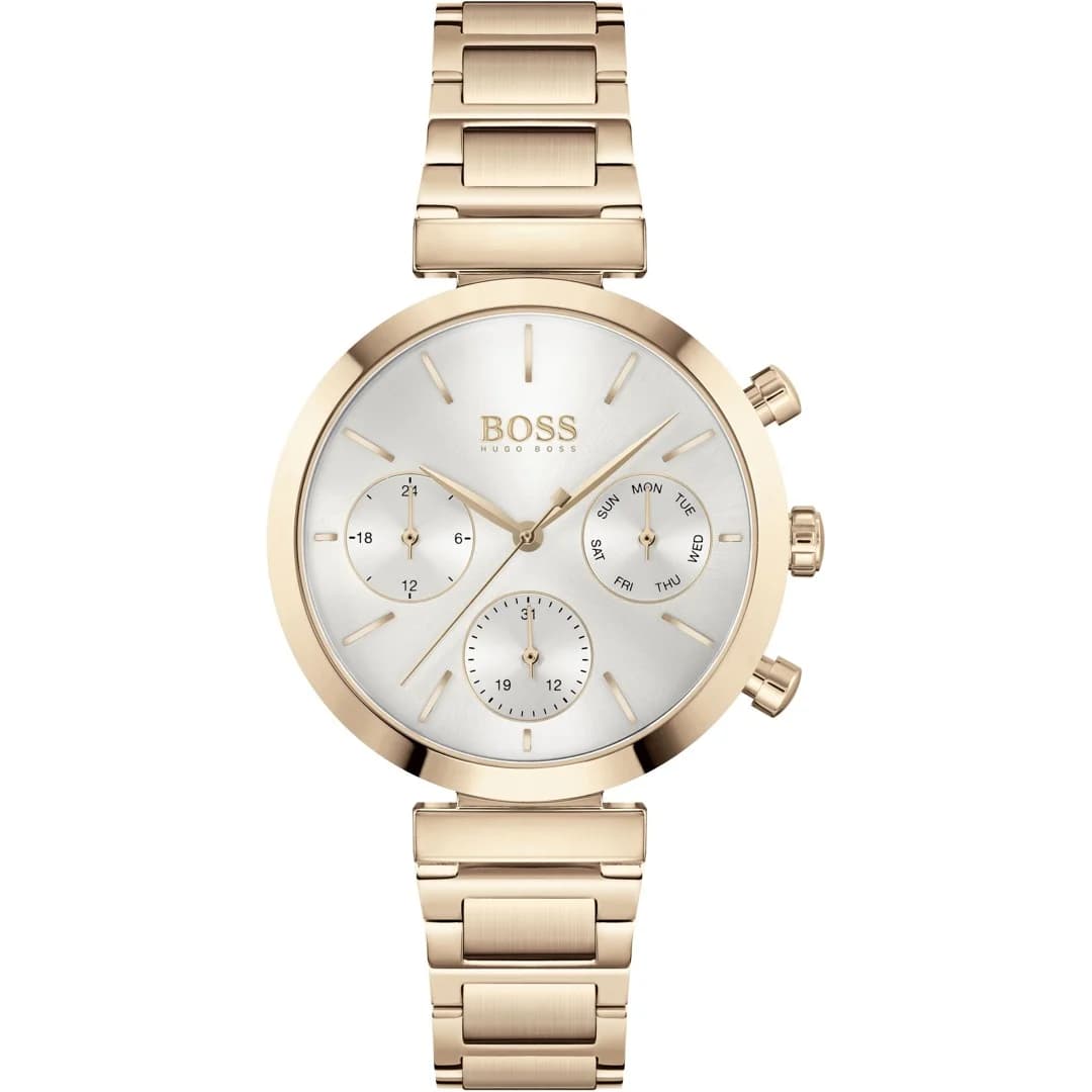 Cadran Hugo Boss 1502531 arborant index bâtons et aiguilles dorées sur fond champagne, lisibilité parfaite