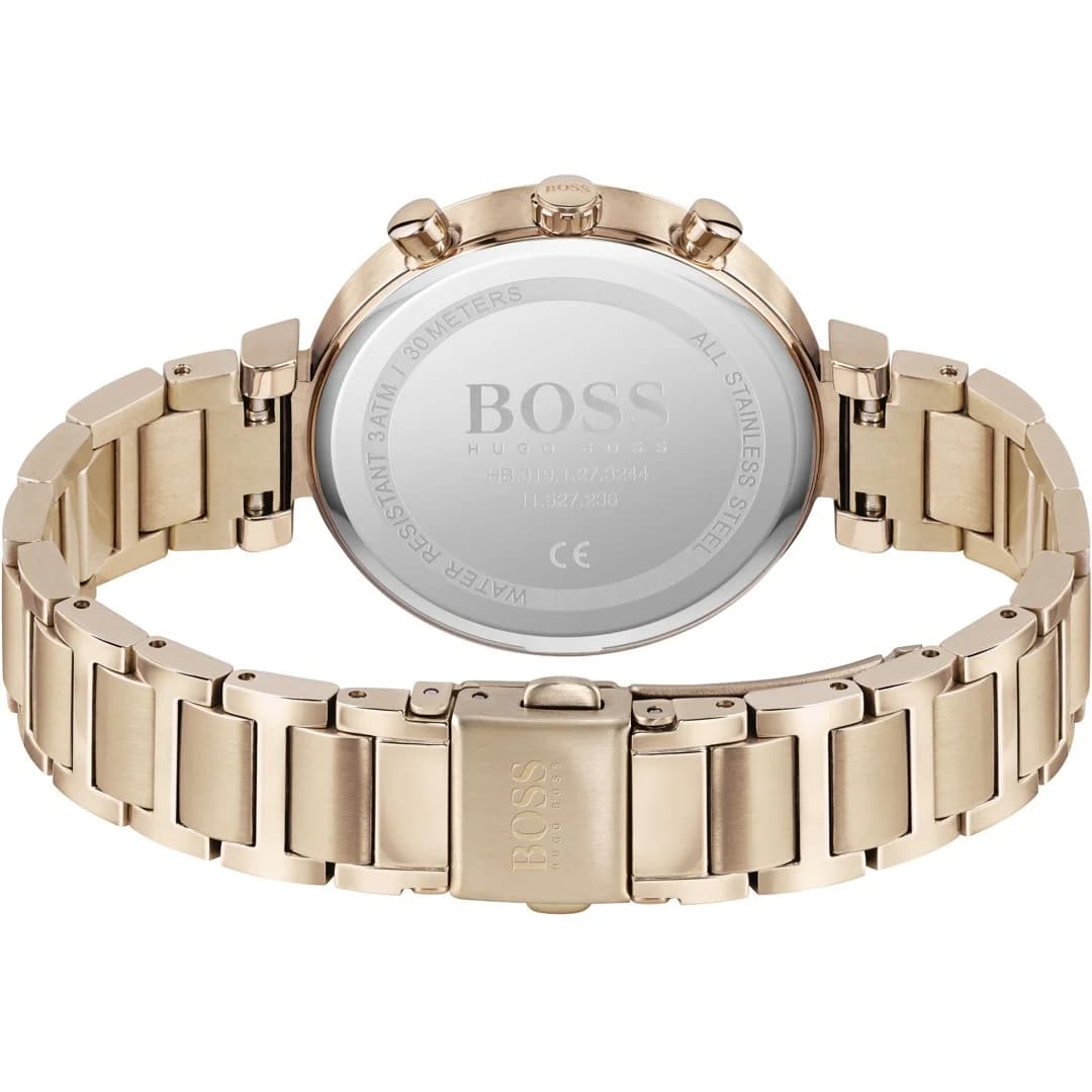 Boîtier Hugo Boss 1502531 rond en acier inoxydable plaqué or rose, verre saphir, profil fin et moderne