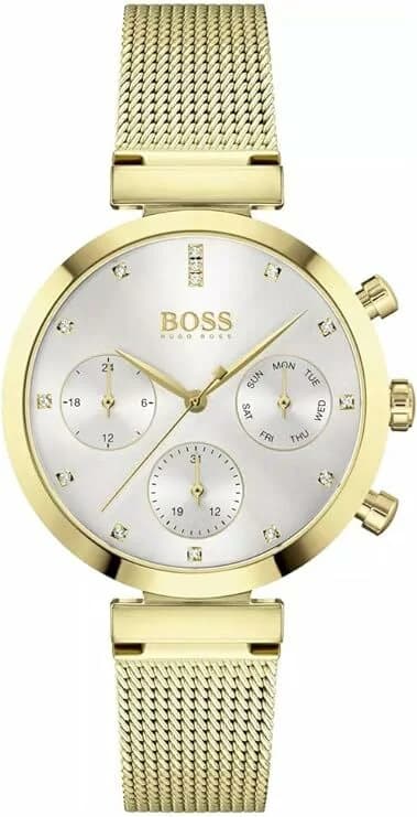 Montre Hugo Boss 1502552 avec cadran blanc et index dorés sur bracelet acier doré maille milanaise