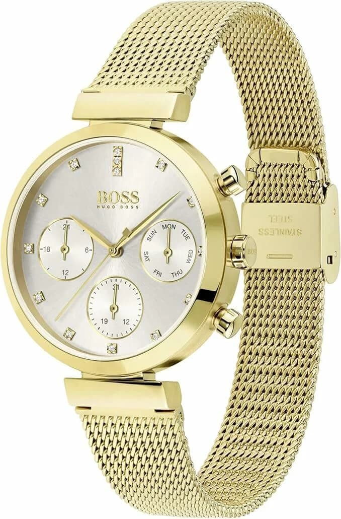 Cadran Hugo Boss 1502552 au cadran blanc soleil, index bâtons dorés et aiguilles dauphine