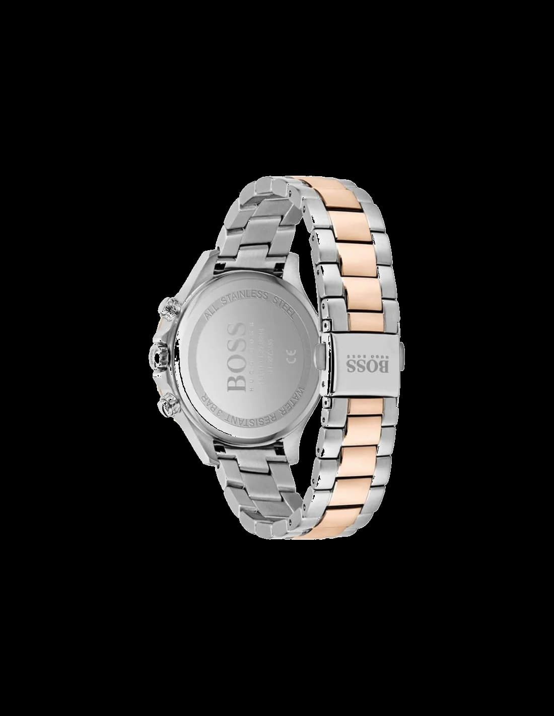Cadran Hugo Boss 1502564 au cadran blanc nacré orné de cristaux Swarovski, index bâtons et aiguilles dauphine bicolores