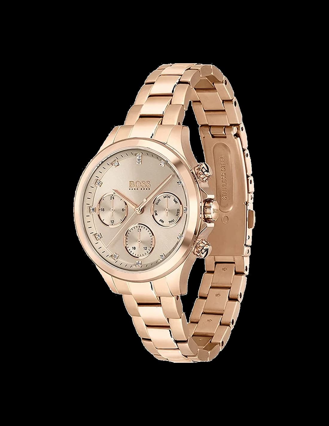 Cadran Hugo Boss 1502592 avec index en cristaux Swarovski, aiguilles dorées et date à 3h