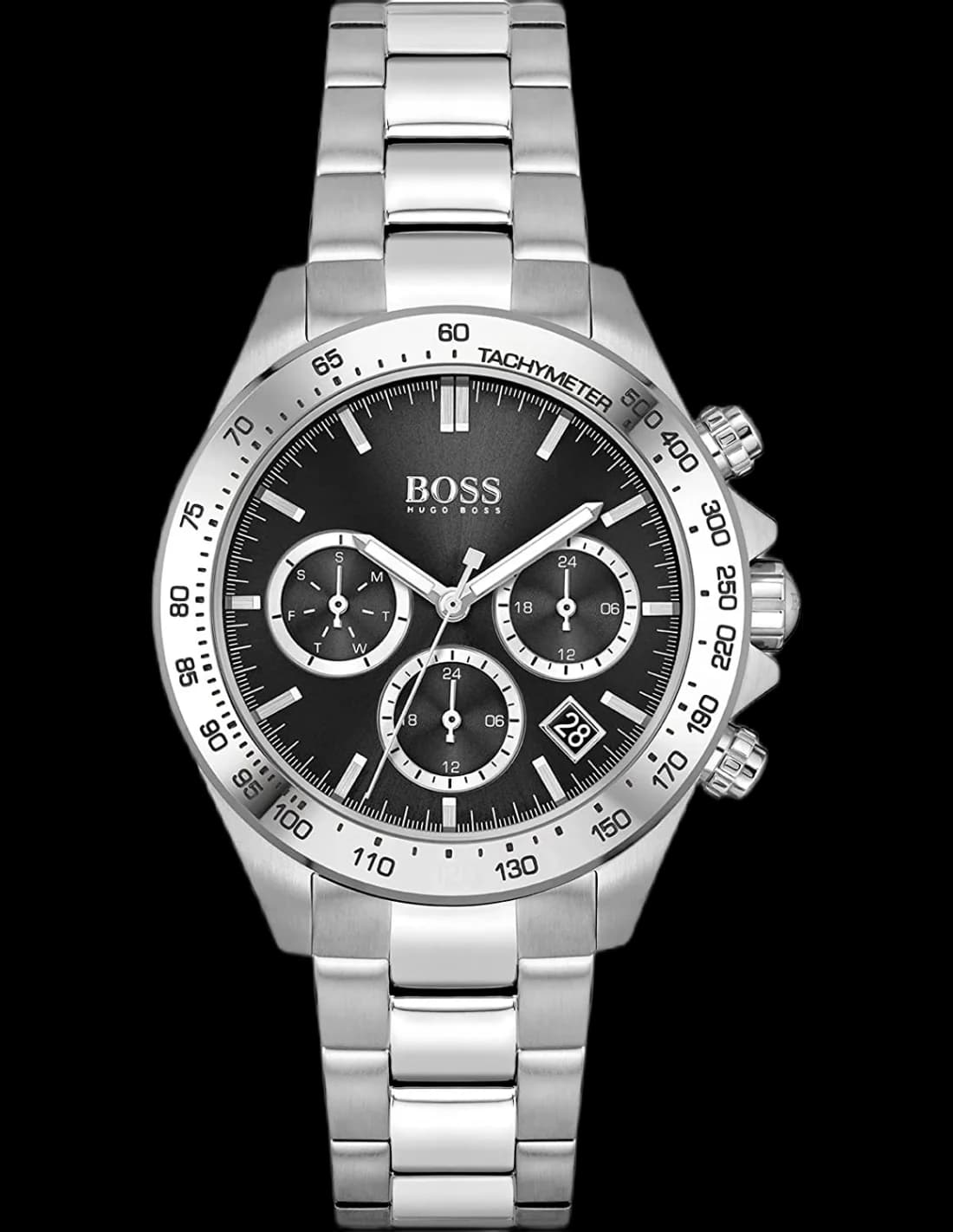Montre Hugo Boss 1502614 en acier poli avec cadran noir et index lumineux, style sport chic