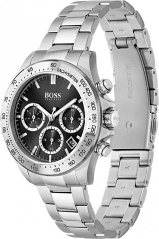Cadran Hugo Boss 1502614 noir aux index appliqués, aiguilles lumineuses et trois compteurs chronographe