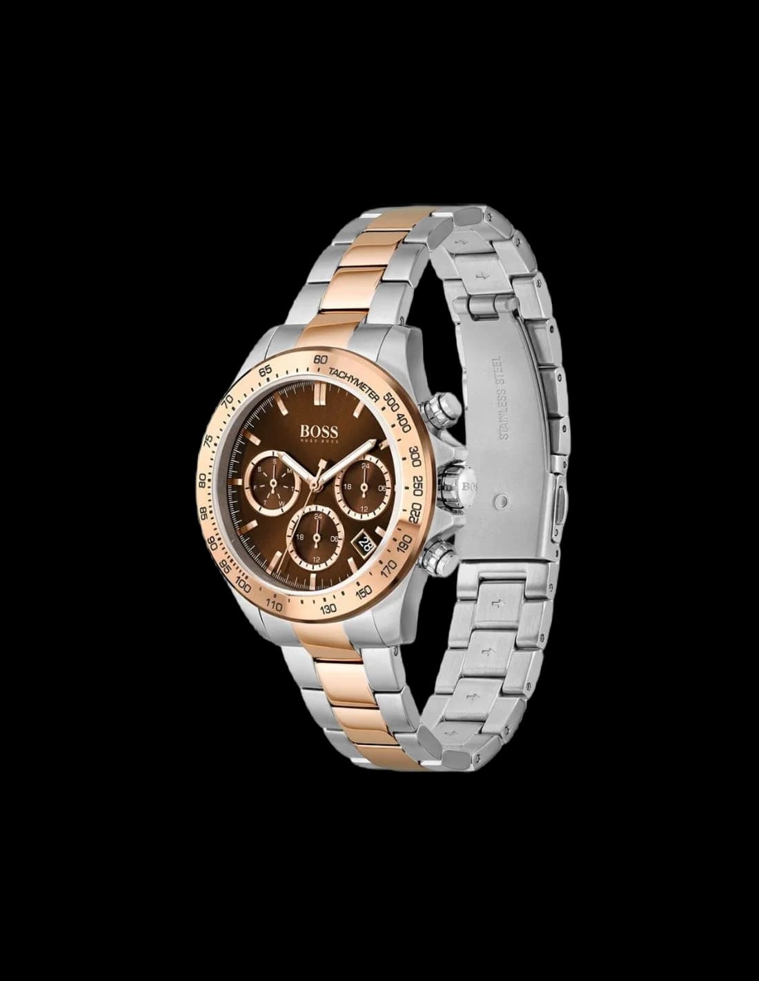 Cadran Hugo Boss 1502617 détail du cadran marron soleillé avec index appliqués bicolores et aiguilles dauphines, date à 3h