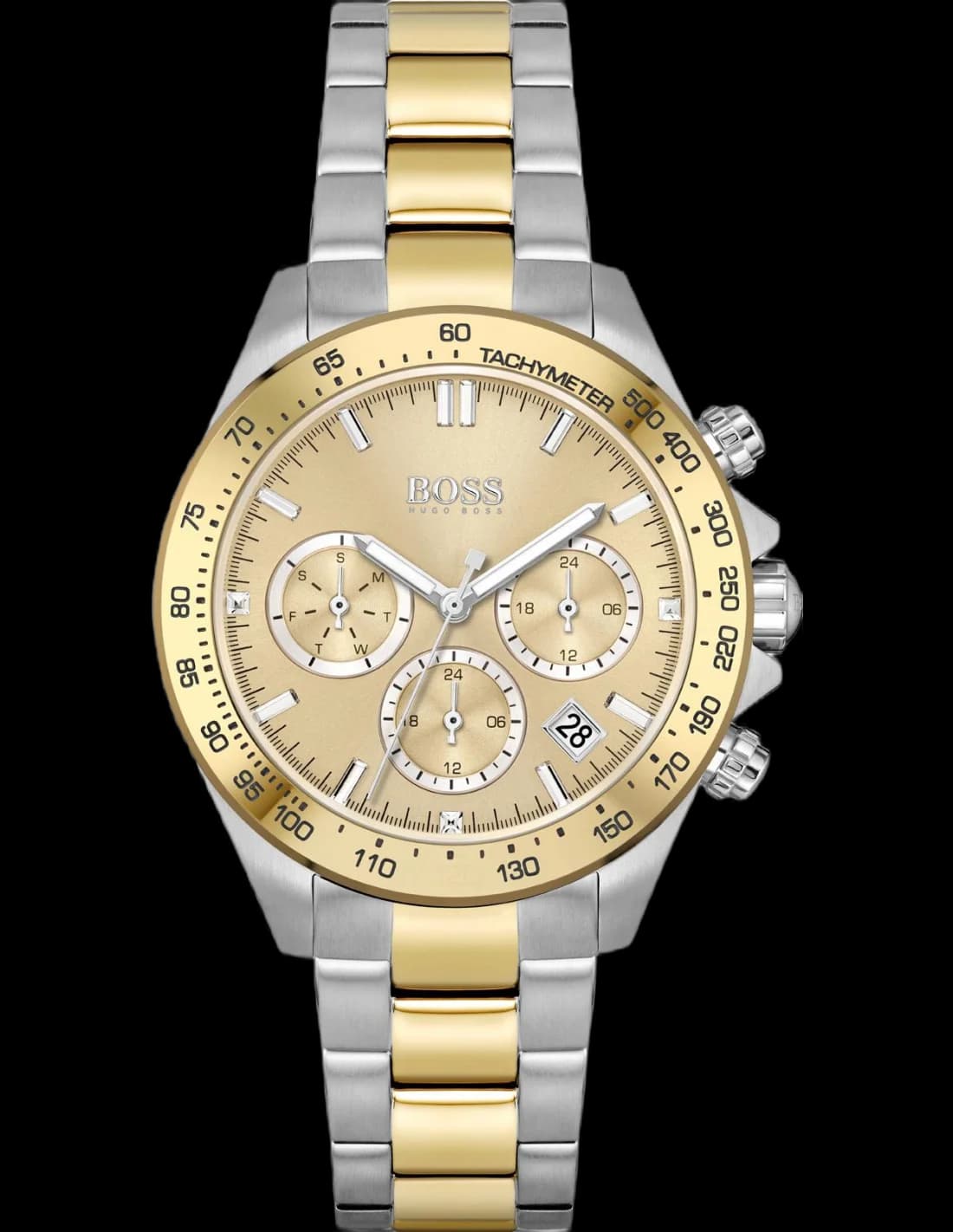 Montre Hugo Boss 1502618 au cadran argenté bicolore or, style sport luxe avec index et aiguilles dorés
