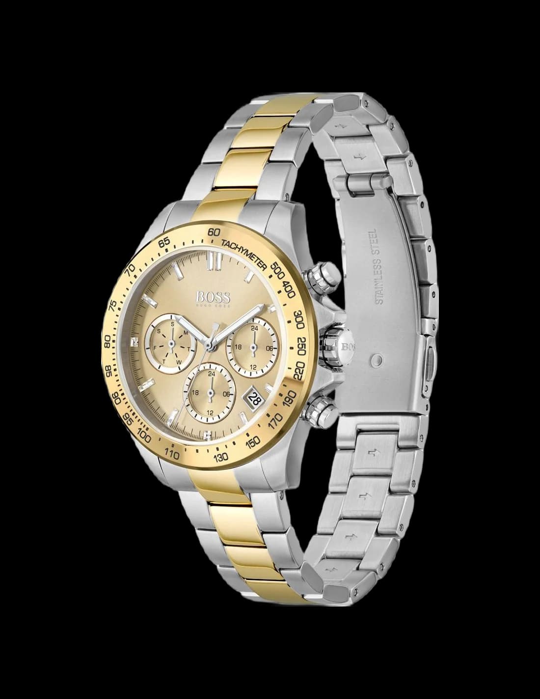 Cadran Hugo Boss 1502618 avec compteurs chronographe, guichet date à 4h30, index appliques et aiguilles bicolores