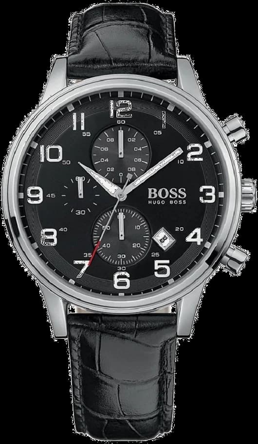 Montre Hugo Boss 1512448 avec cadran noir et index argentés, style élégant et sobre