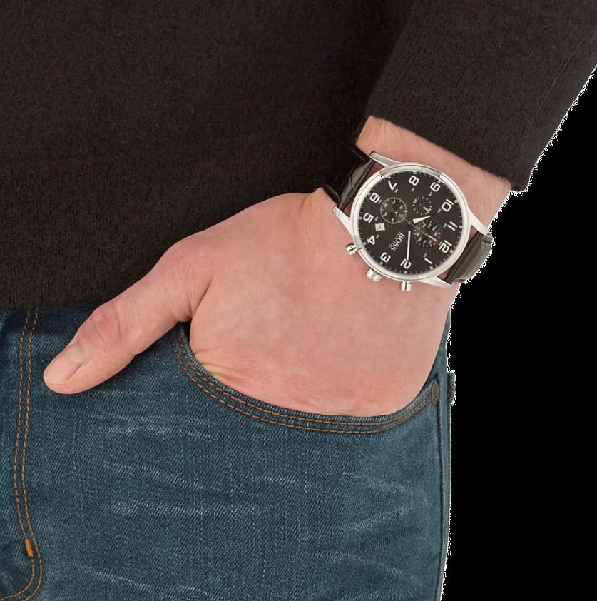 Bracelet Hugo Boss 1512448 en cuir noir avec coutures contrastées, fermoir boucle ardillon
